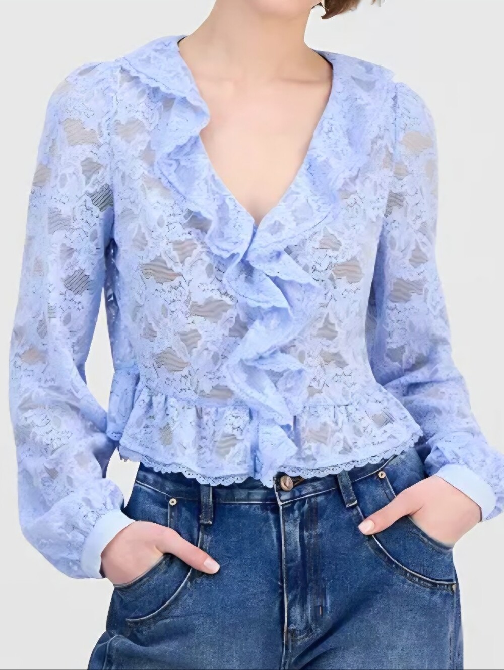 Sheer Lace Ruffle-Trim Blouse - Light Blue